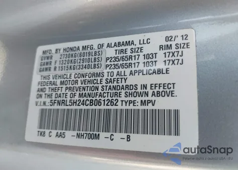 2012 Honda Odyssey Lx z USA, uszkodzony, nr VIN 5FNRL5H24CB061262